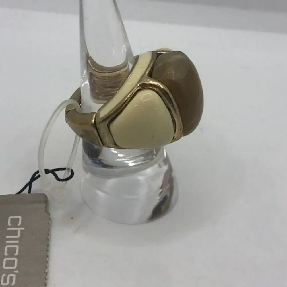 Chico's NWT Multi Cream Beige Gold Tone Stretchy Band Ring - 7